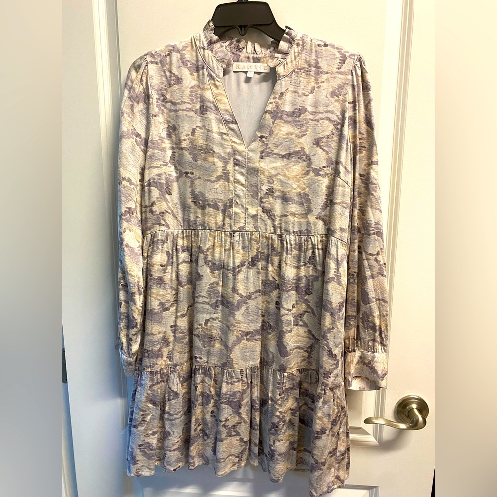 Karlie Ruffle Hem Snake Scale Print Longsleeve Shift Dress Small